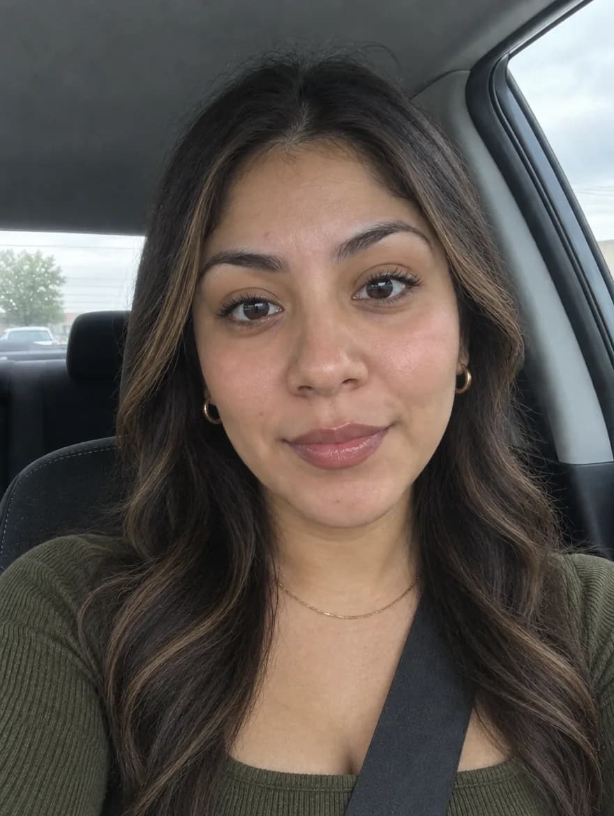 Después: la misma mujer en el mismo coche, con cabello suelto chocolate con mechas caramelo, maquillaje cálido y blusa verde olivo