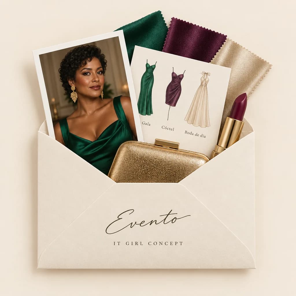 Sobre del Look para Evento con una polaroid, telas esmeralda y vino, bocetos de vestidos, una bolsa dorada y un labial