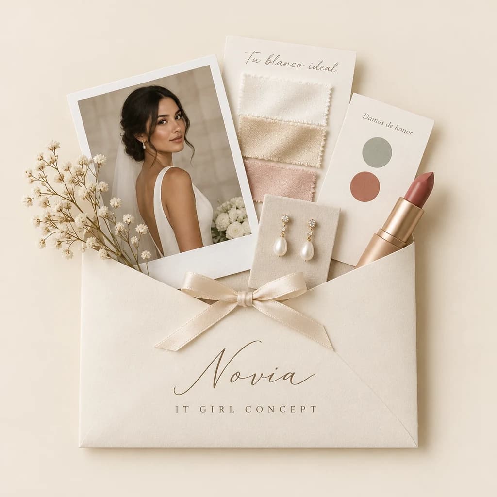 Sobre del Makeover de Novia con una polaroid de novia, muestras de tu blanco ideal, aretes de perla y la paleta de las damas