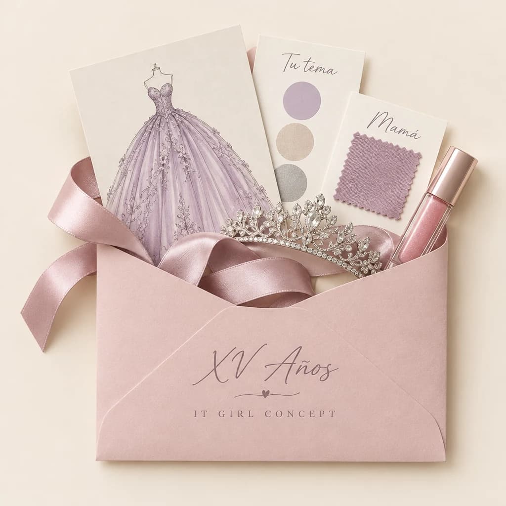 Sobre rosa del Paquete XV Años con el boceto de un vestido lila, la paleta del tema, una tiara y un listón