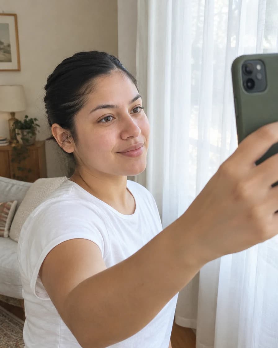 Mujer sin maquillaje tomándose una selfie frente a una ventana con cortinas claras y luz de día