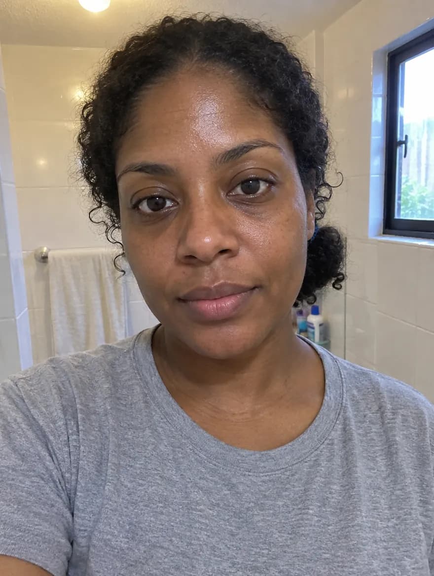 Antes: selfie en el baño, mujer afrolatina de piel profunda con rizos recogidos, sin maquillaje y playera gris