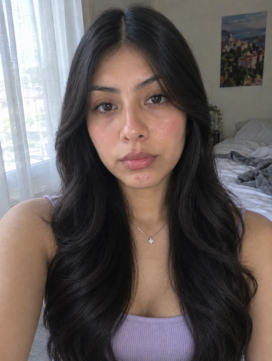 Después: la misma mujer en la misma recámara con capas largas y brillo, maquillaje suave y top lila