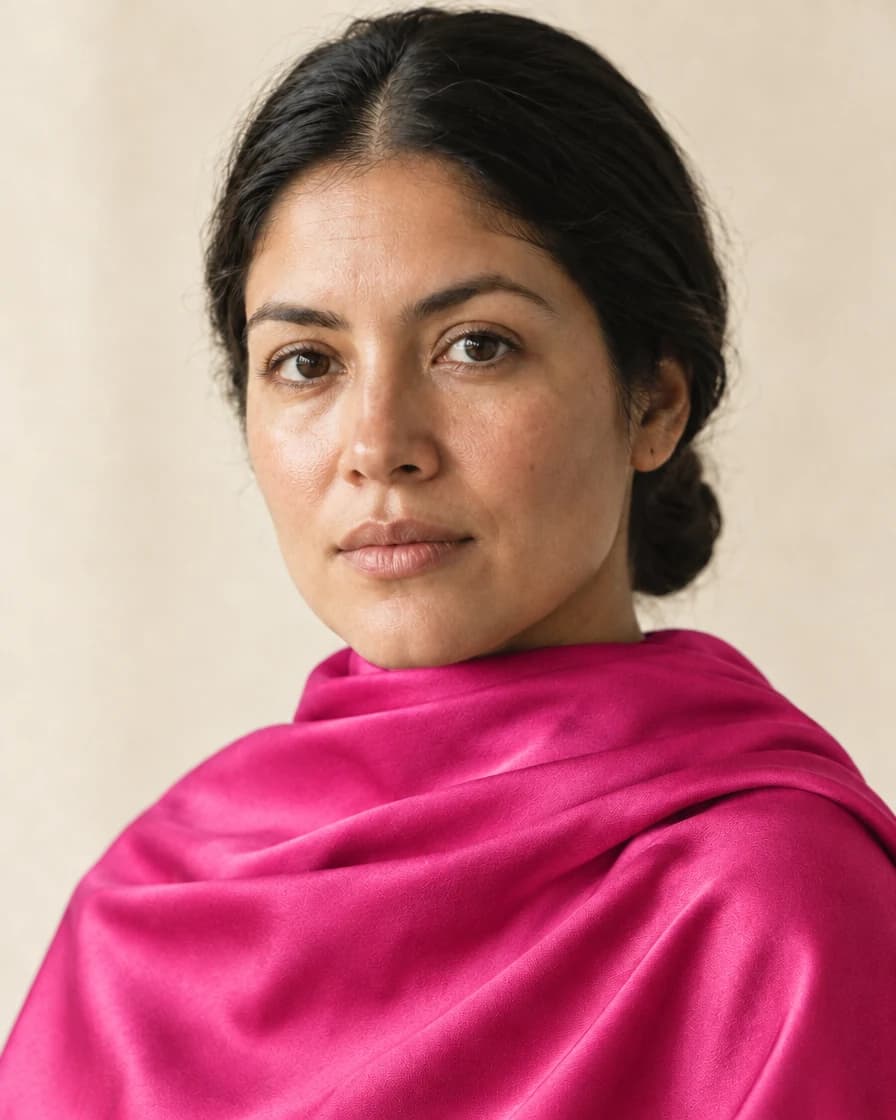 La misma persona con tela fucsia fría: el color compite con la piel