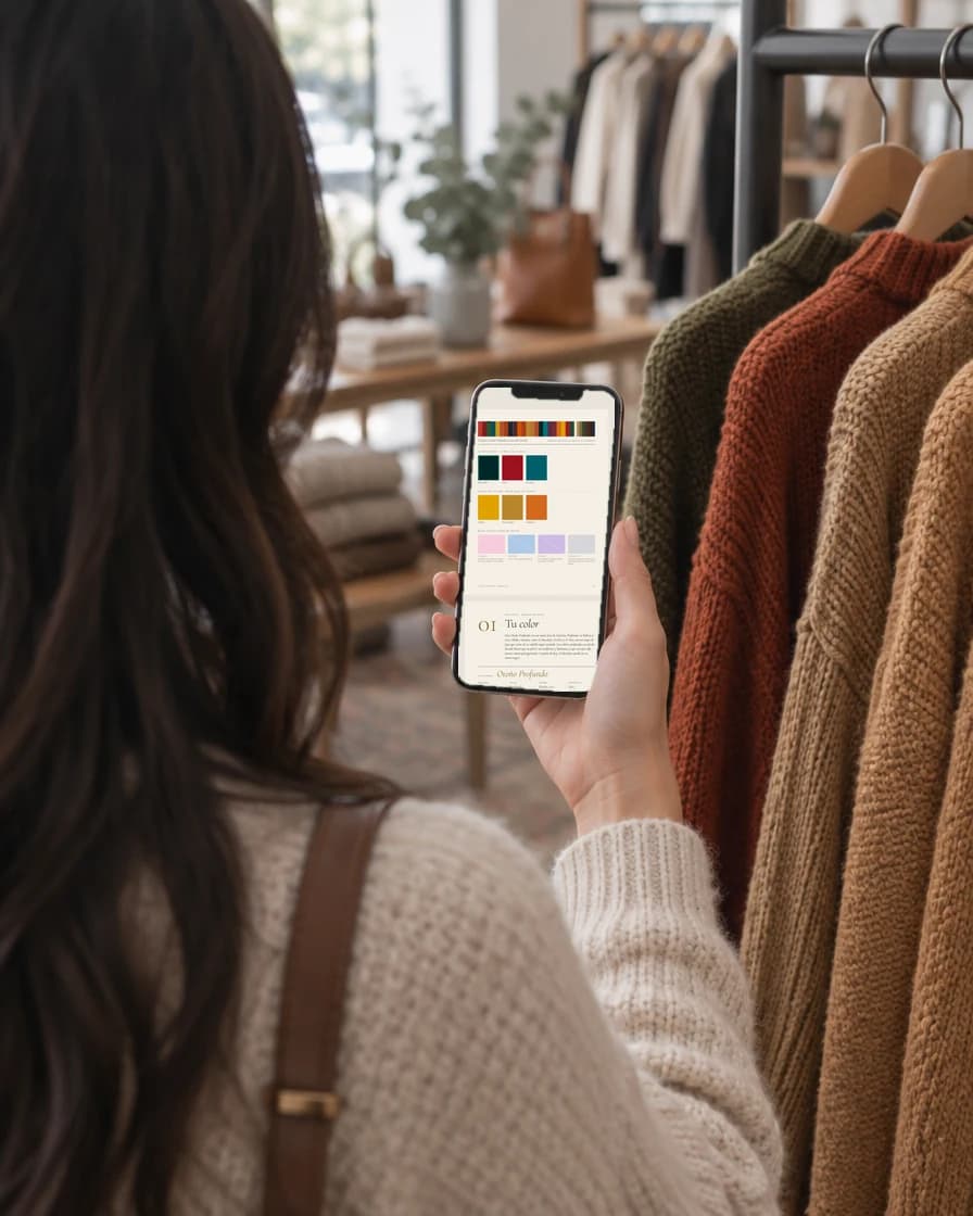 Mujer en una tienda de ropa revisando su paleta en el celular junto a suéteres olivo, óxido y camel