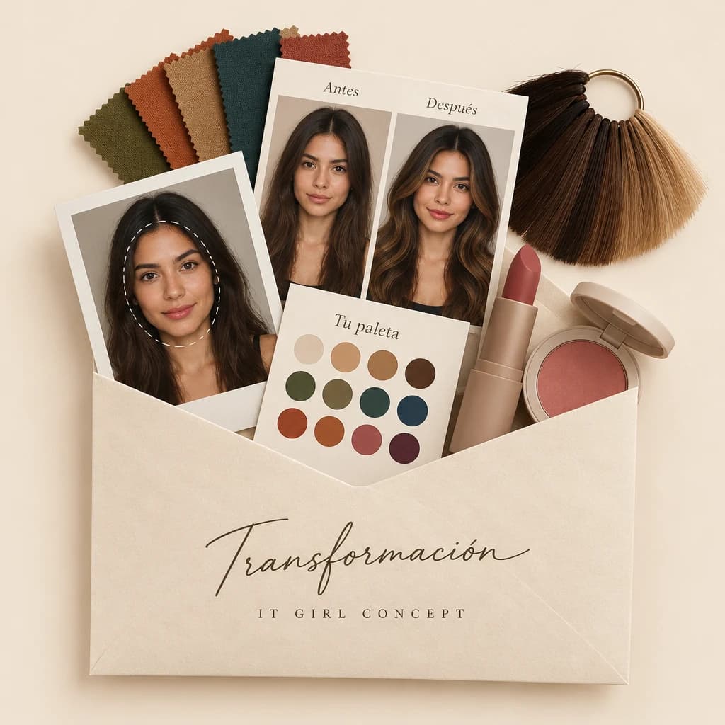 Sobre de la Transformación con la paleta, telas, tonos de cabello y una polaroid de antes y después